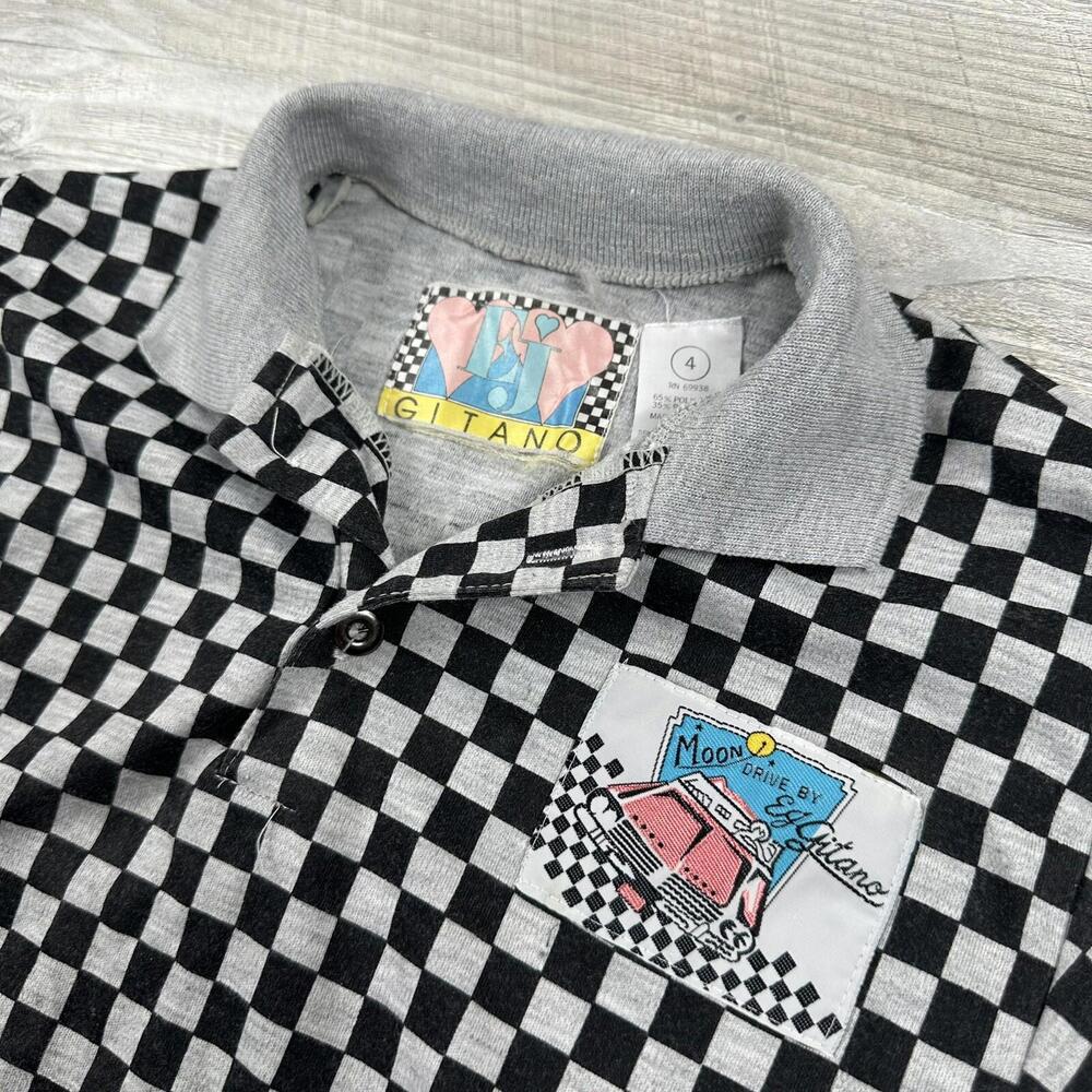 VTG EJ Gitano Polo Shirt Youth 4 Black Gray Checkerboard Moon Drive Toddler